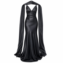 Load image into Gallery viewer, Black Satin Evening Gown with Structured Cape