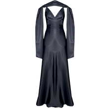 Load image into Gallery viewer, Black Satin Evening Gown with Structured Cape
