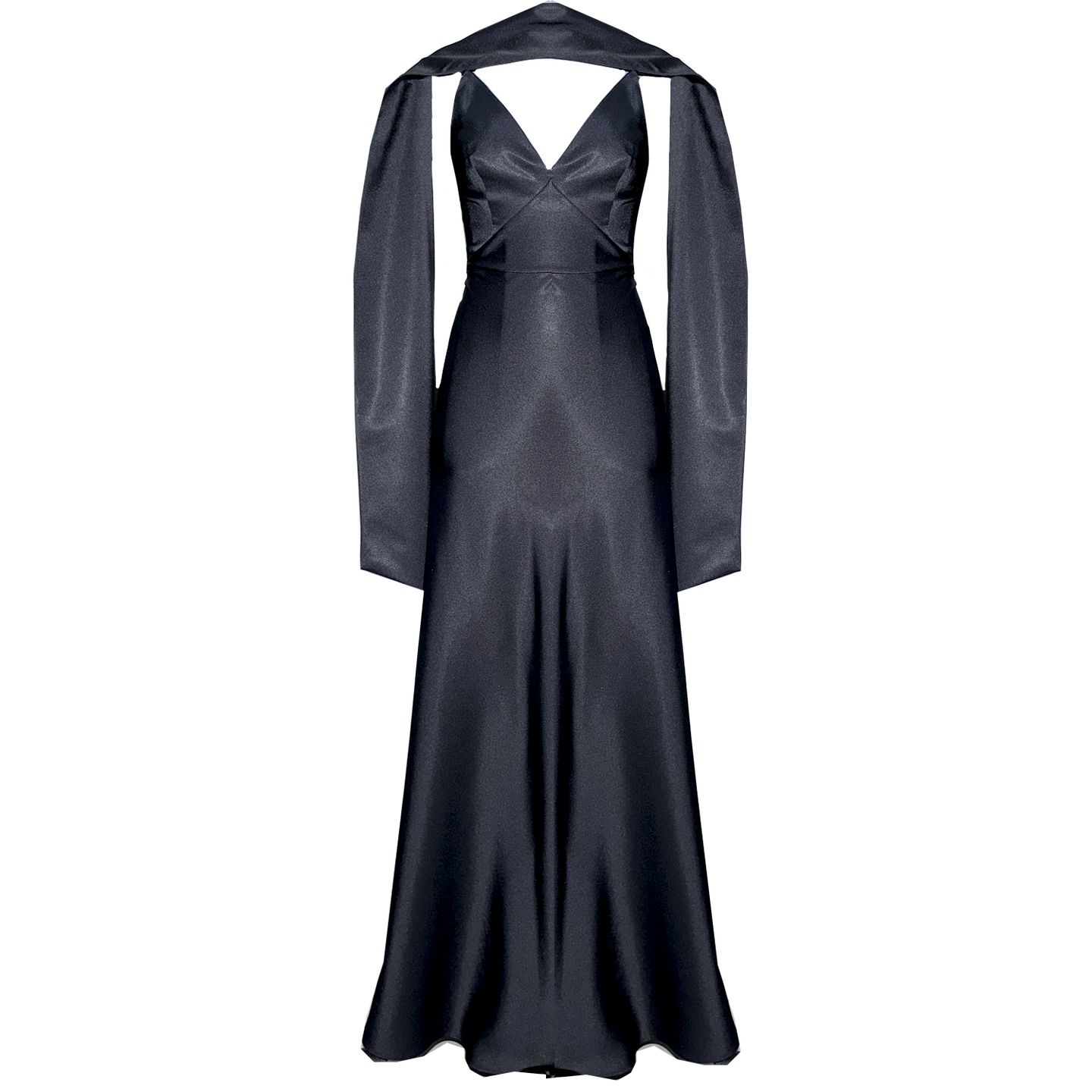 Black Satin Evening Gown with Structured Cape