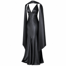Load image into Gallery viewer, Black Satin Evening Gown with Structured Cape
