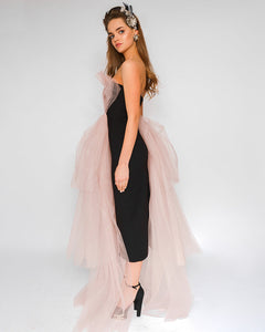 Asymmetric Morphine Fashion Black Midi Dress with pink bow skirt