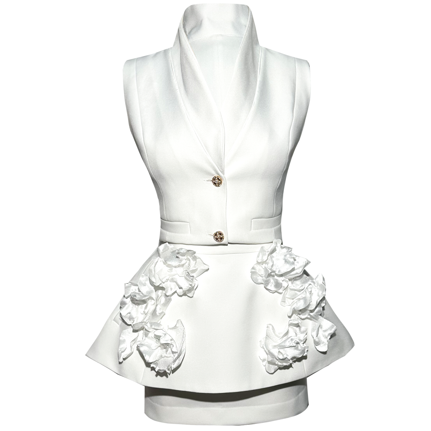 White Vest and a Skirt set with Handcrafted Taffeta Flowers